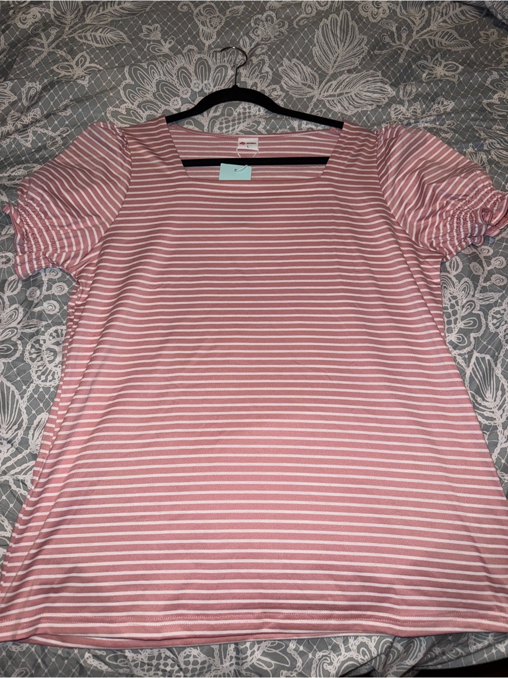 Women's Square Neck Pink Stripe Short Sleeve Top